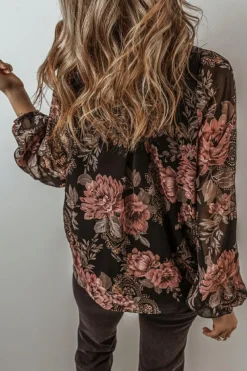 Clearance Dear-Lover Floral Print Criss Cross V Neck Balloon Sleeve Blouse Black