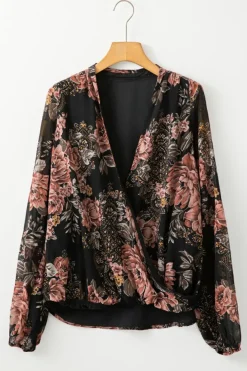 Clearance Dear-Lover Floral Print Criss Cross V Neck Balloon Sleeve Blouse Black