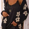 Fashion Dear-Lover Floral Print Knitted Open Front Loose Cardigan Black