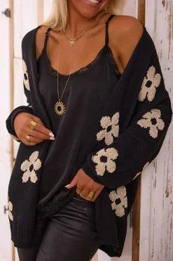 Fashion Dear-Lover Floral Print Knitted Open Front Loose Cardigan Black