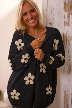Fashion Dear-Lover Floral Print Knitted Open Front Loose Cardigan Black