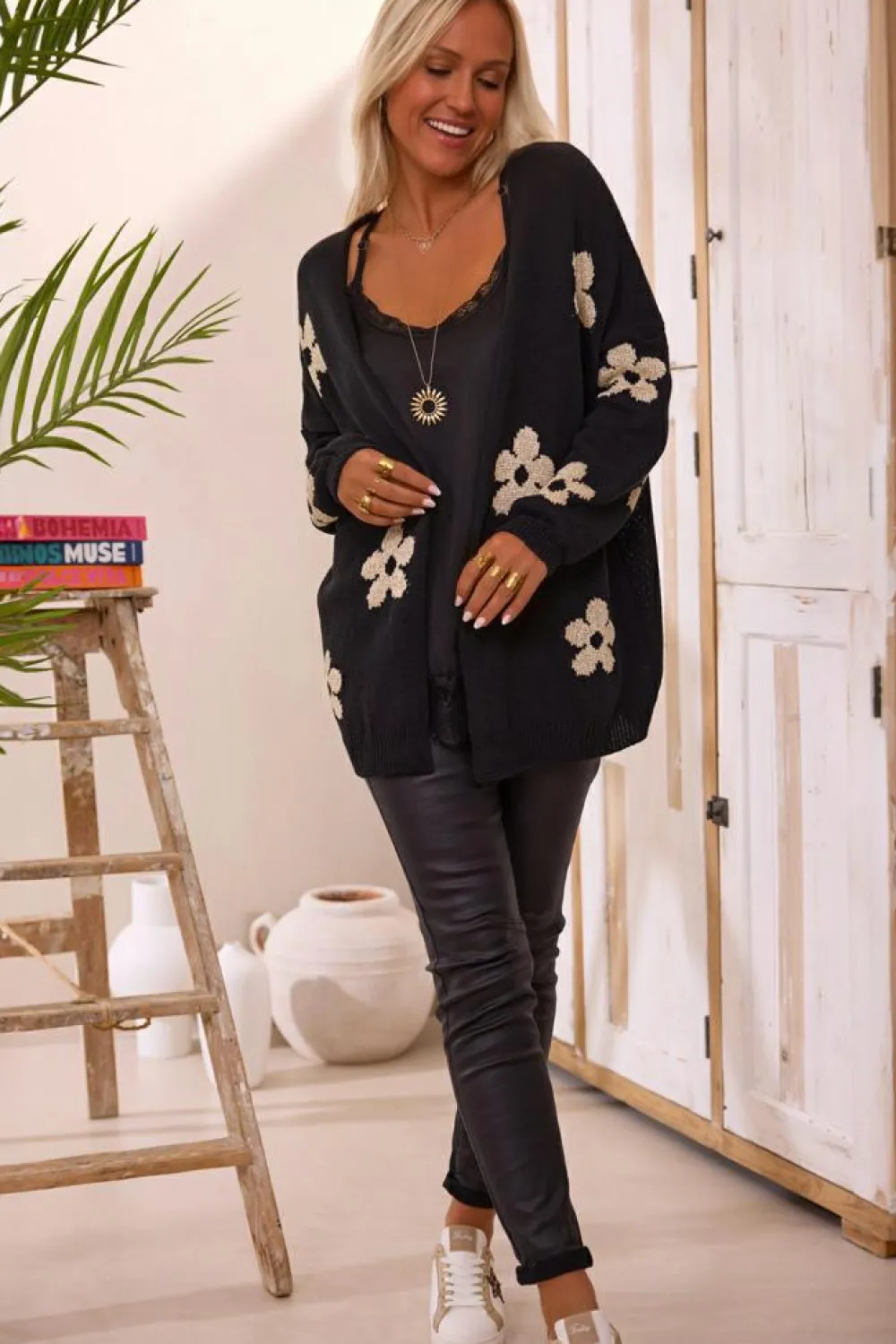 Fashion Dear-Lover Floral Print Knitted Open Front Loose Cardigan Black