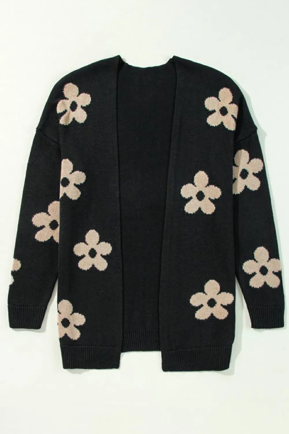 Fashion Dear-Lover Floral Print Knitted Open Front Loose Cardigan Black