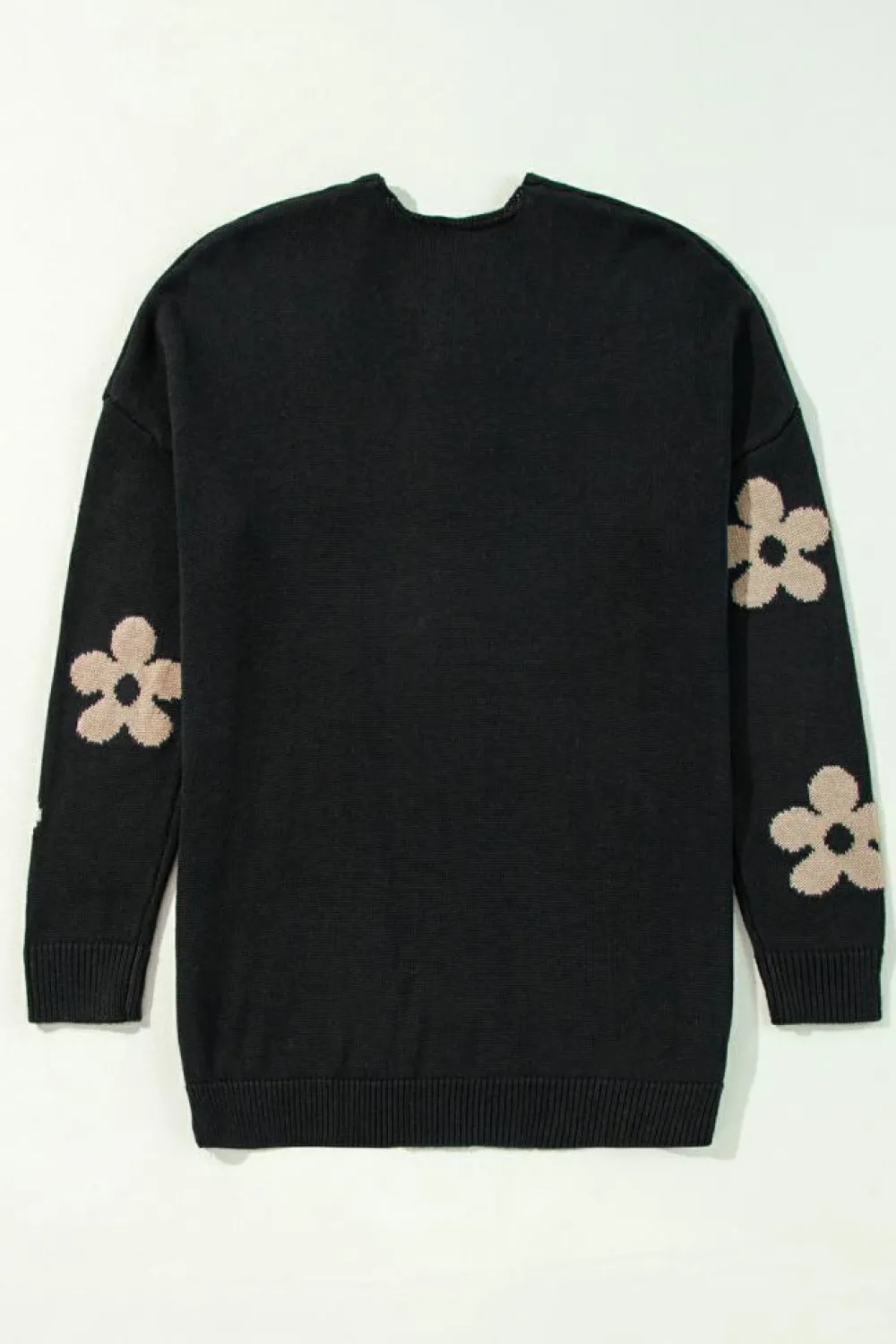 Fashion Dear-Lover Floral Print Knitted Open Front Loose Cardigan Black