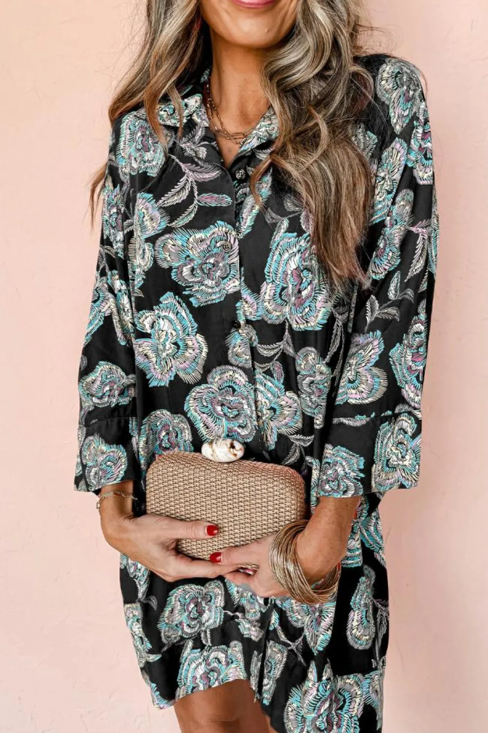 Outlet Dear-Lover Floral Print Lapel Collar Loose Shirt Mini Dress Black