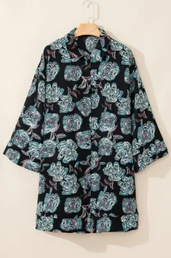 Outlet Dear-Lover Floral Print Lapel Collar Loose Shirt Mini Dress Black
