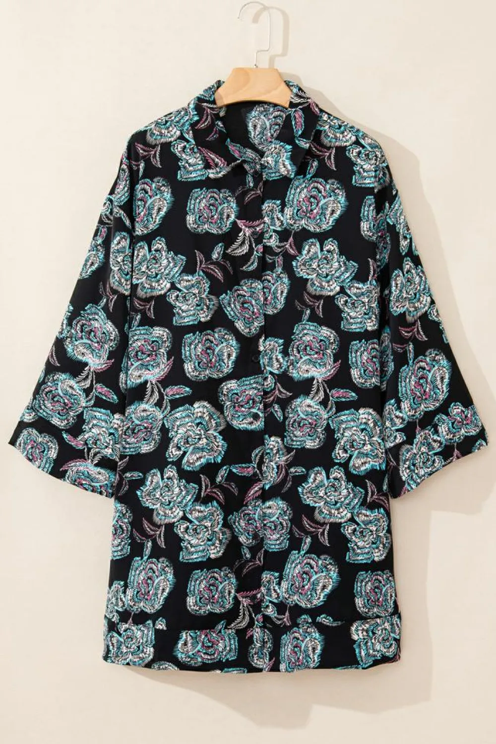 Outlet Dear-Lover Floral Print Lapel Collar Loose Shirt Mini Dress Black