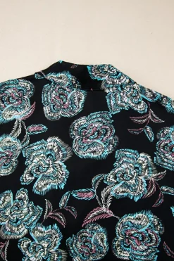Outlet Dear-Lover Floral Print Lapel Collar Loose Shirt Mini Dress Black