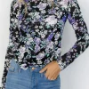 Best Dear-Lover Floral Print Mesh Fitted Long Sleeve Top Black
