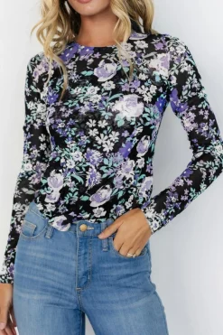 Best Dear-Lover Floral Print Mesh Fitted Long Sleeve Top Black