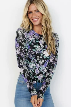 Best Dear-Lover Floral Print Mesh Fitted Long Sleeve Top Black