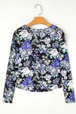 Best Dear-Lover Floral Print Mesh Fitted Long Sleeve Top Black