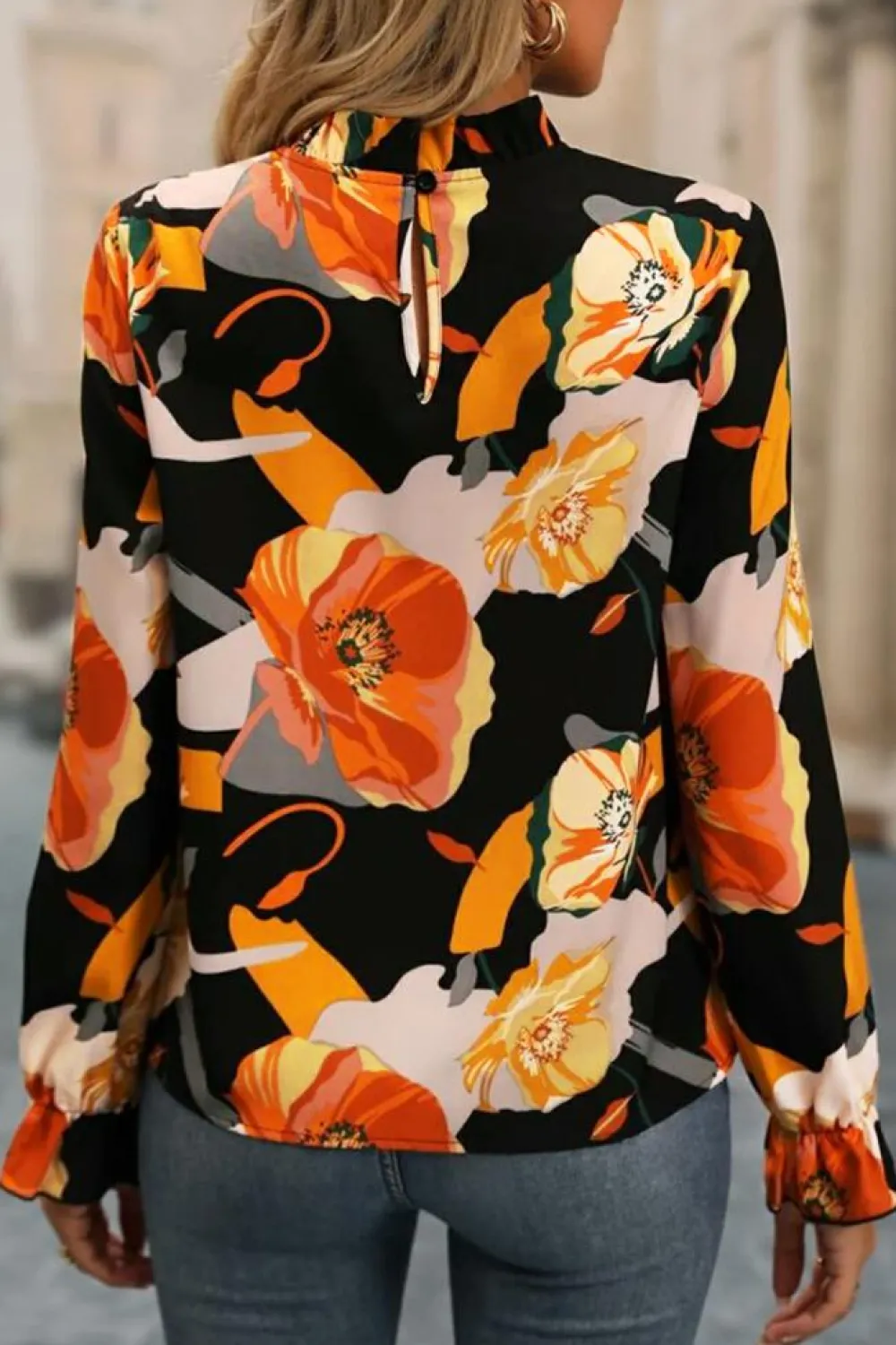 Online Dear-Lover Floral Print Mock Neck Blouse Black