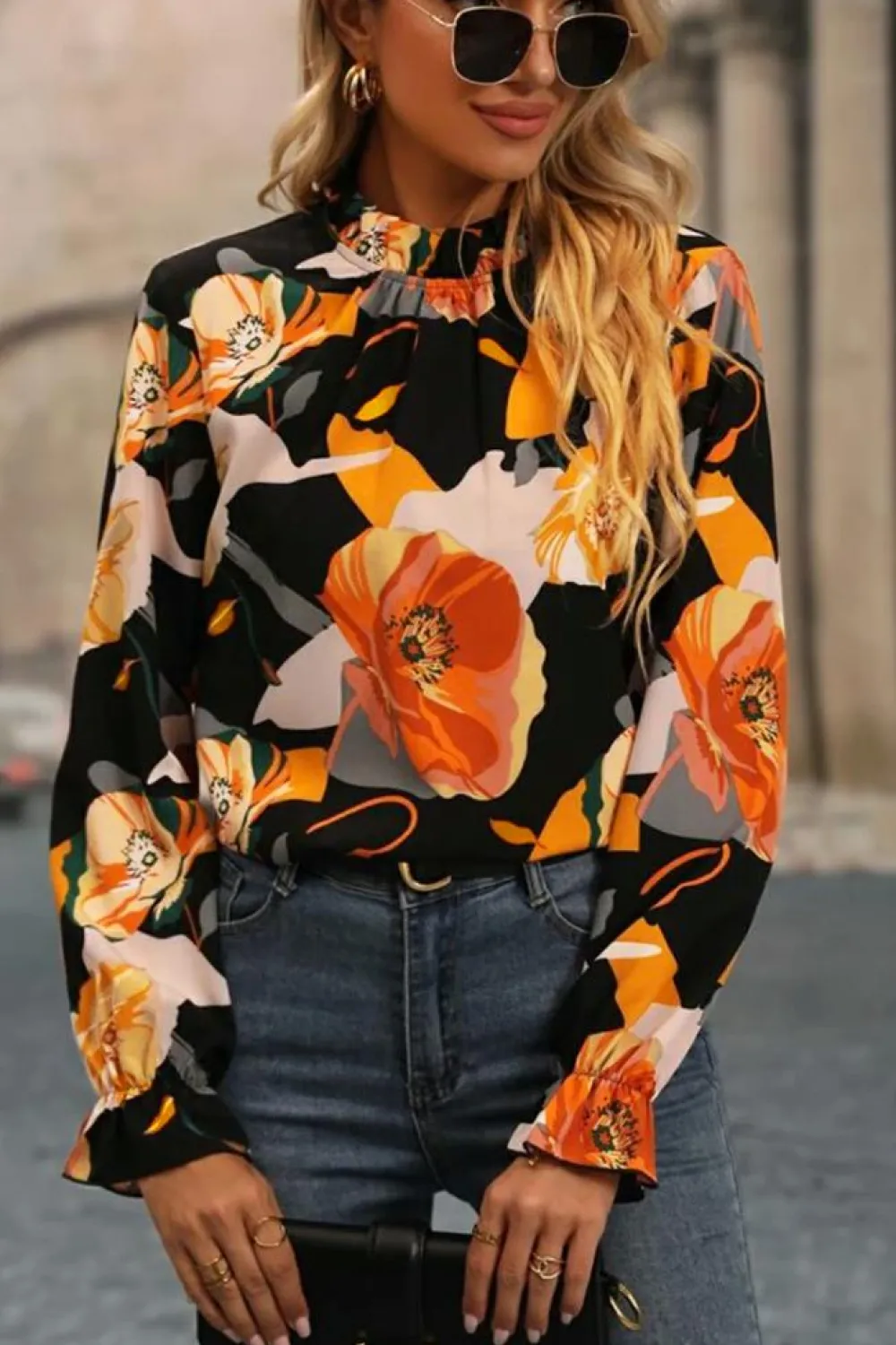 Online Dear-Lover Floral Print Mock Neck Blouse Black