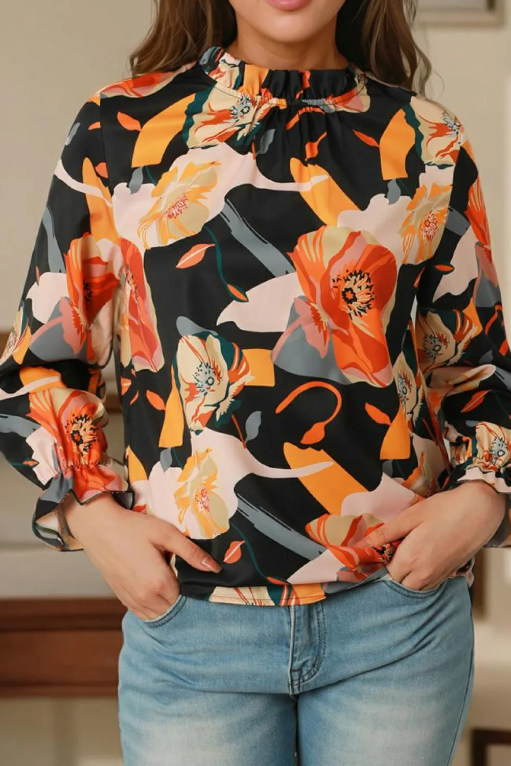 Online Dear-Lover Floral Print Mock Neck Blouse Black