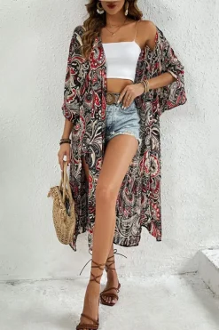 Outlet Dear-Lover Floral Print Side Slit Open Front Long Kimono Black