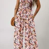 Online Dear-Lover Floral Print Smocked High Waist Square Neck Jumpsuit Black
