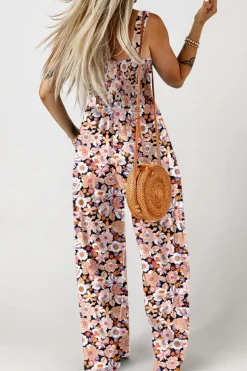 Online Dear-Lover Floral Print Smocked High Waist Square Neck Jumpsuit Black