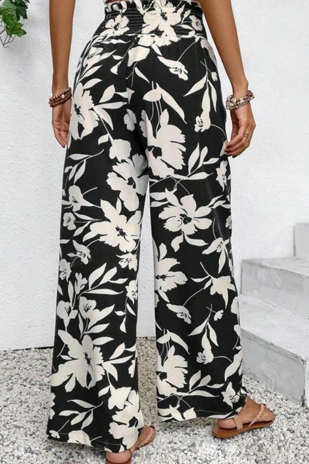 Sale Dear-Lover Floral Print Smocked High Waist Wide Leg Pants Black