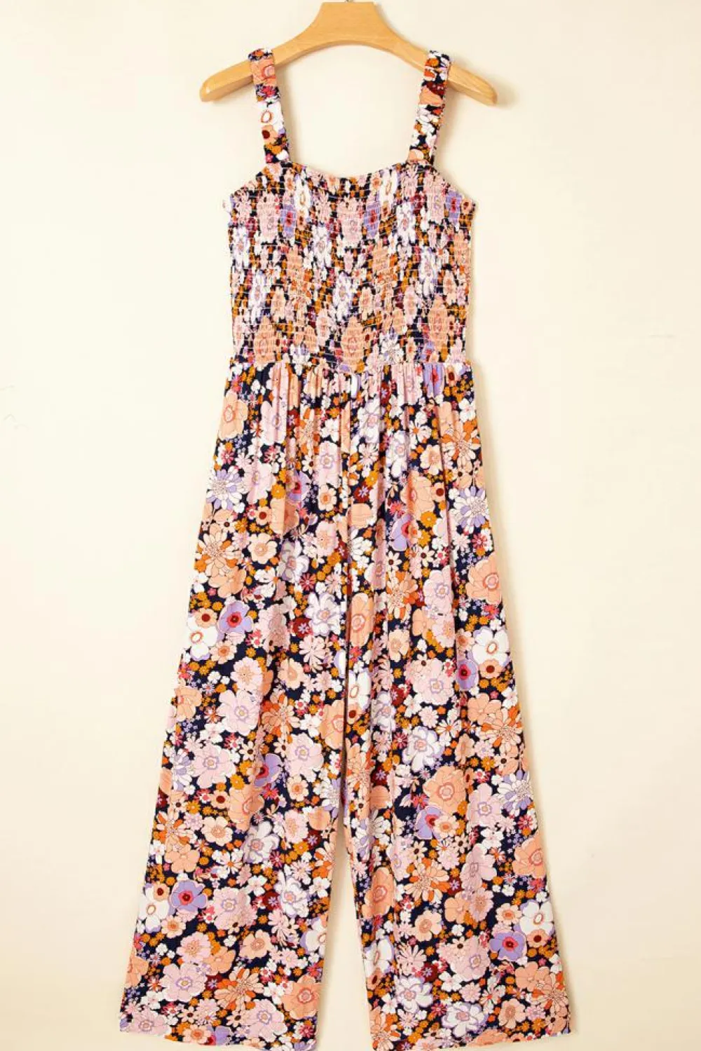 Online Dear-Lover Floral Print Smocked High Waist Square Neck Jumpsuit Black