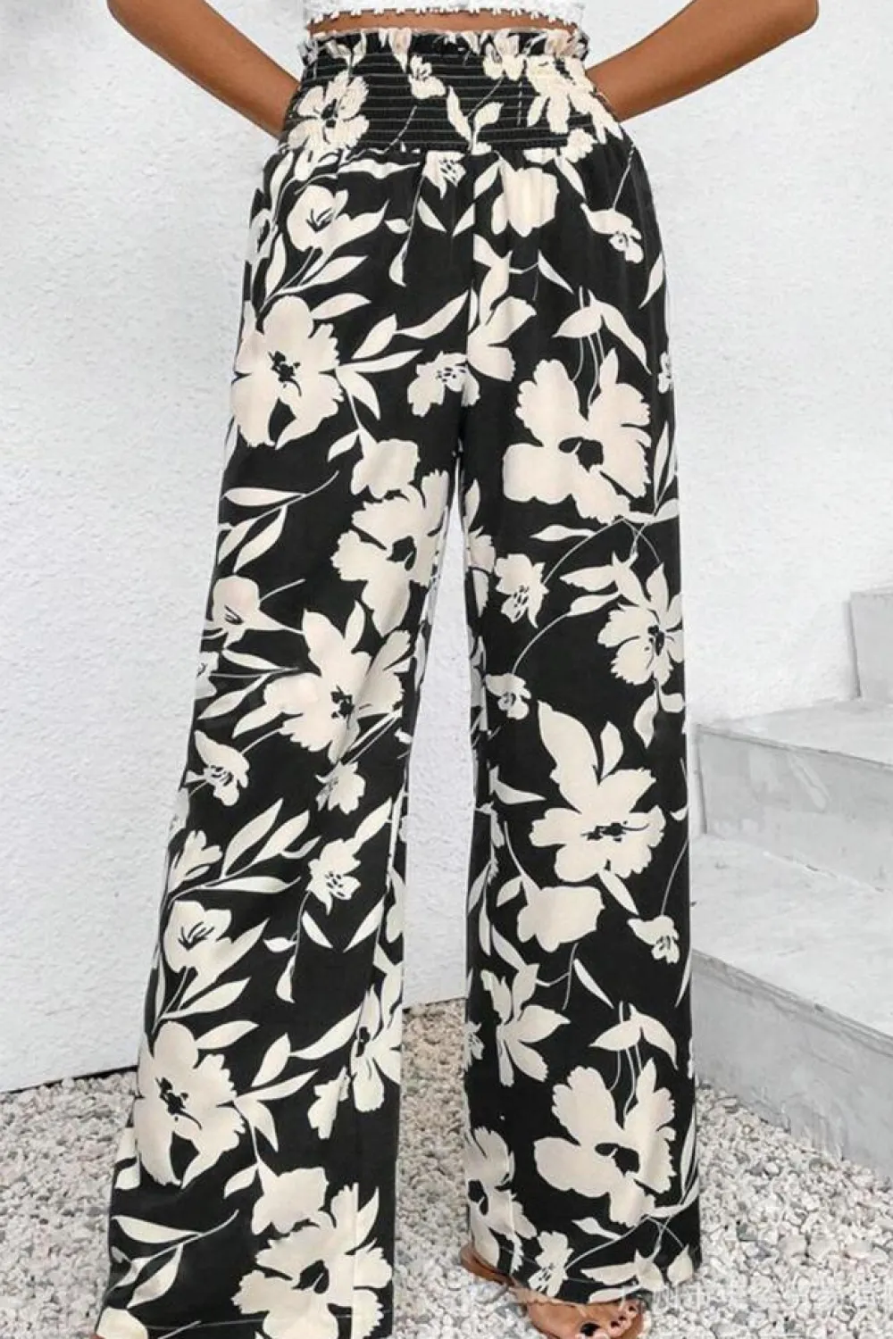 Sale Dear-Lover Floral Print Smocked High Waist Wide Leg Pants Black