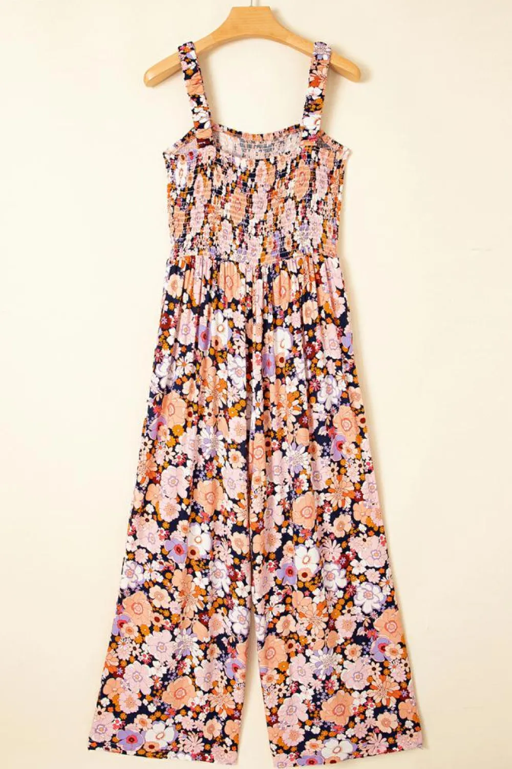 Online Dear-Lover Floral Print Smocked High Waist Square Neck Jumpsuit Black