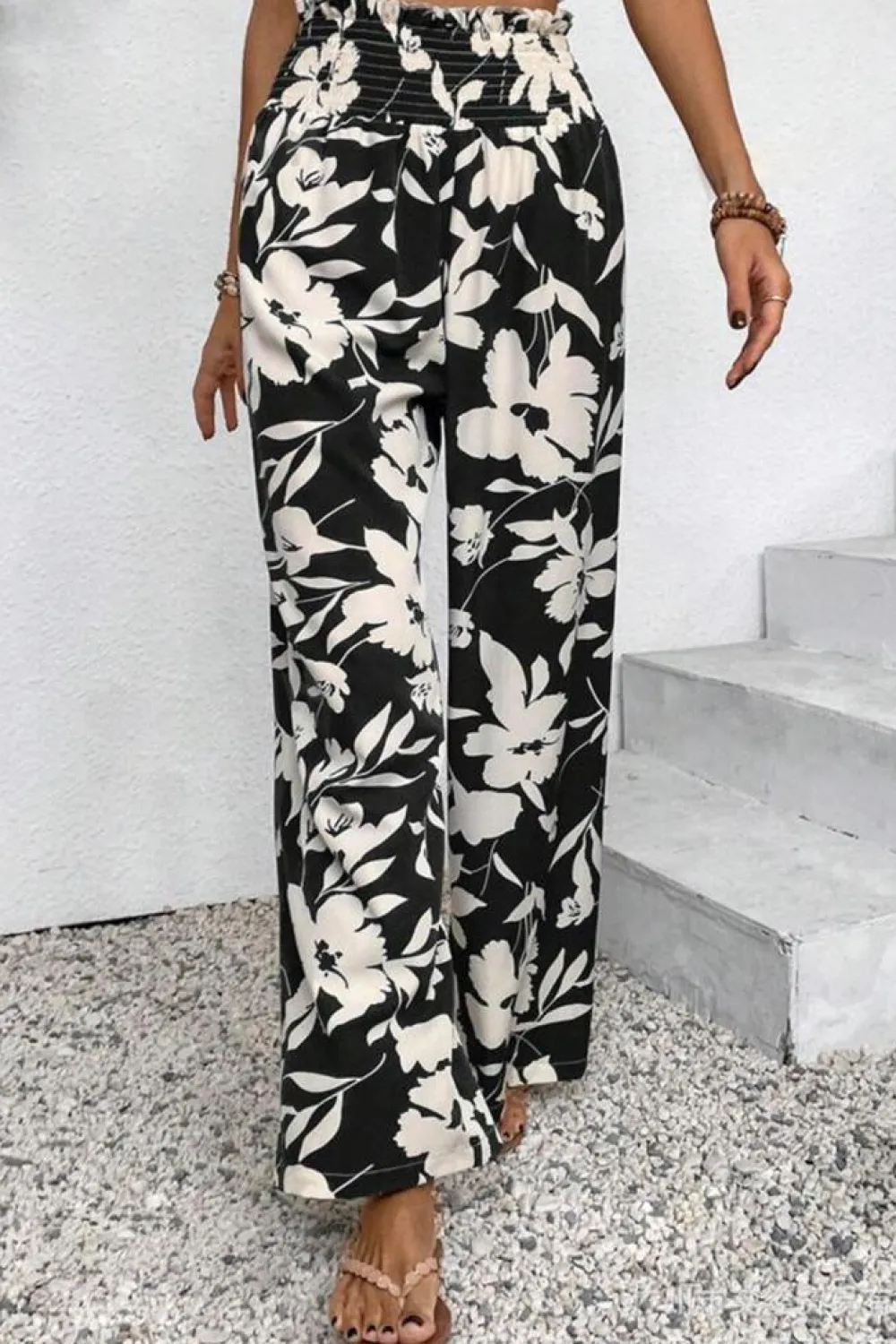 Sale Dear-Lover Floral Print Smocked High Waist Wide Leg Pants Black