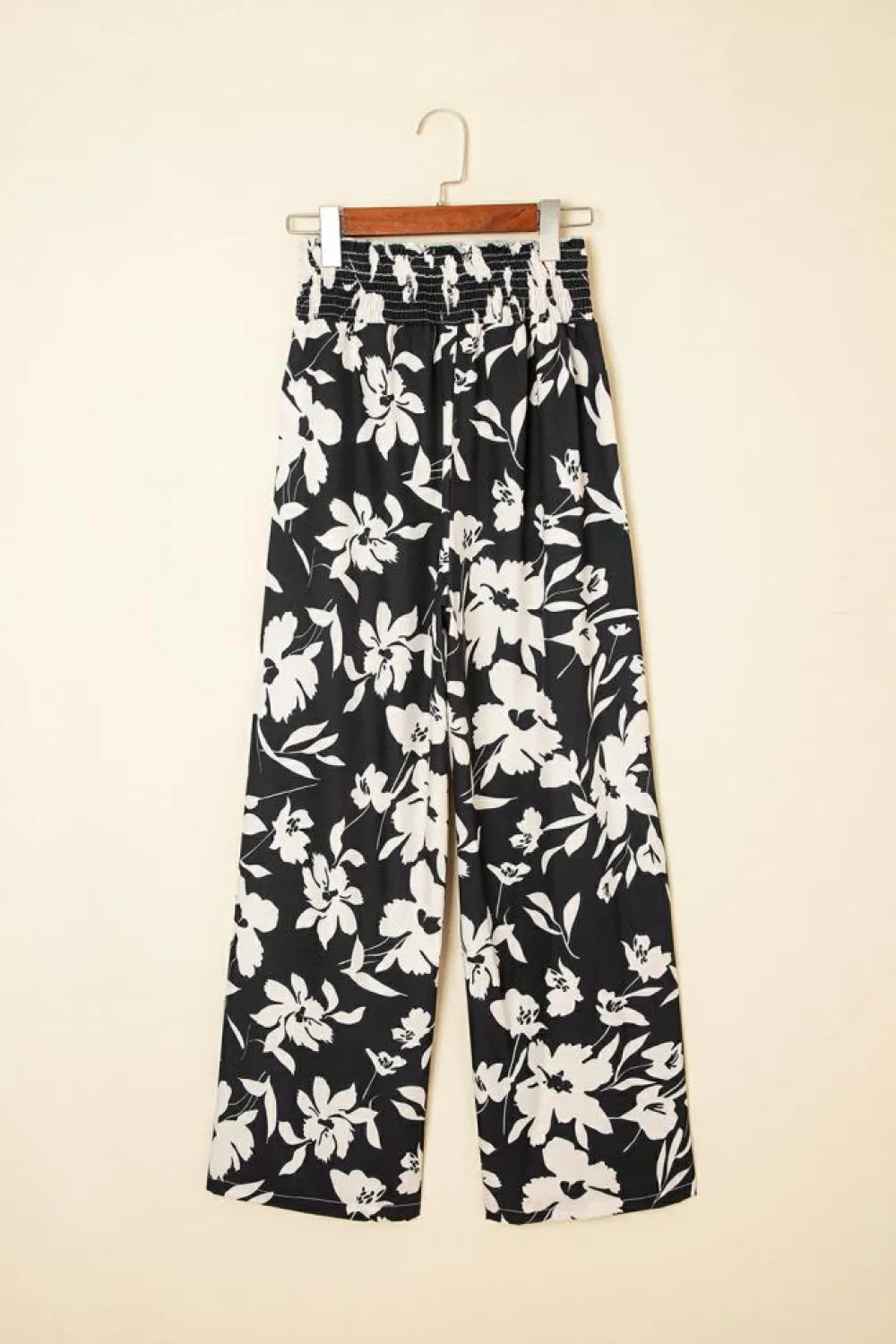 Sale Dear-Lover Floral Print Smocked High Waist Wide Leg Pants Black