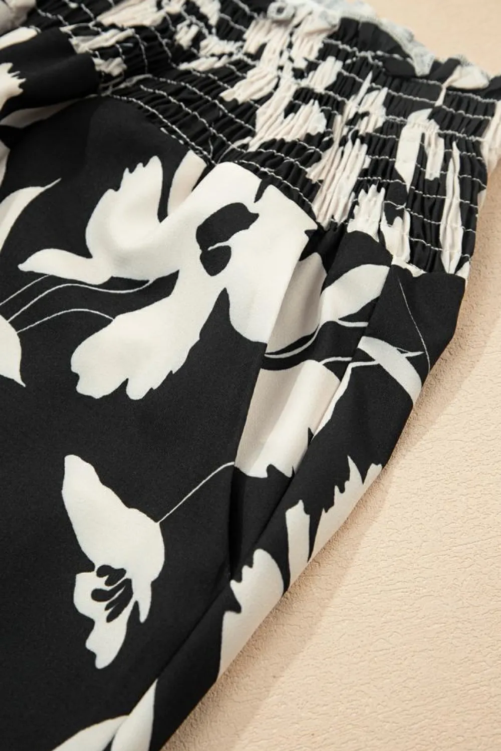 Sale Dear-Lover Floral Print Smocked High Waist Wide Leg Pants Black