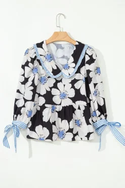 New Dear-Lover Floral Print Striped Tie Sleeve Collared V Neck Blouse Black