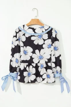 New Dear-Lover Floral Print Striped Tie Sleeve Collared V Neck Blouse Black