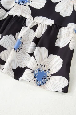 New Dear-Lover Floral Print Striped Tie Sleeve Collared V Neck Blouse Black