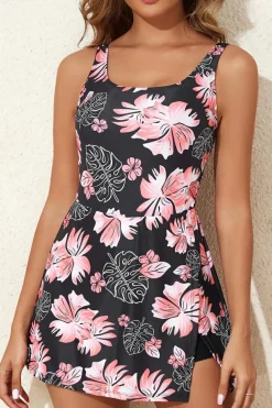 Discount Dear-Lover Floral Print Twisted Hollowed Back Swim Dress Black