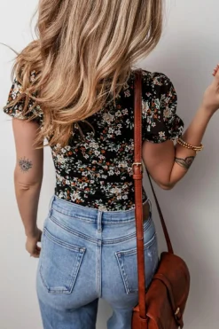 Fashion Dear-Lover Floral Print U Neck Short Puff Sleeve Bodysuit Black