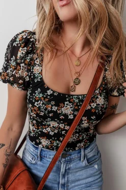 Fashion Dear-Lover Floral Print U Neck Short Puff Sleeve Bodysuit Black