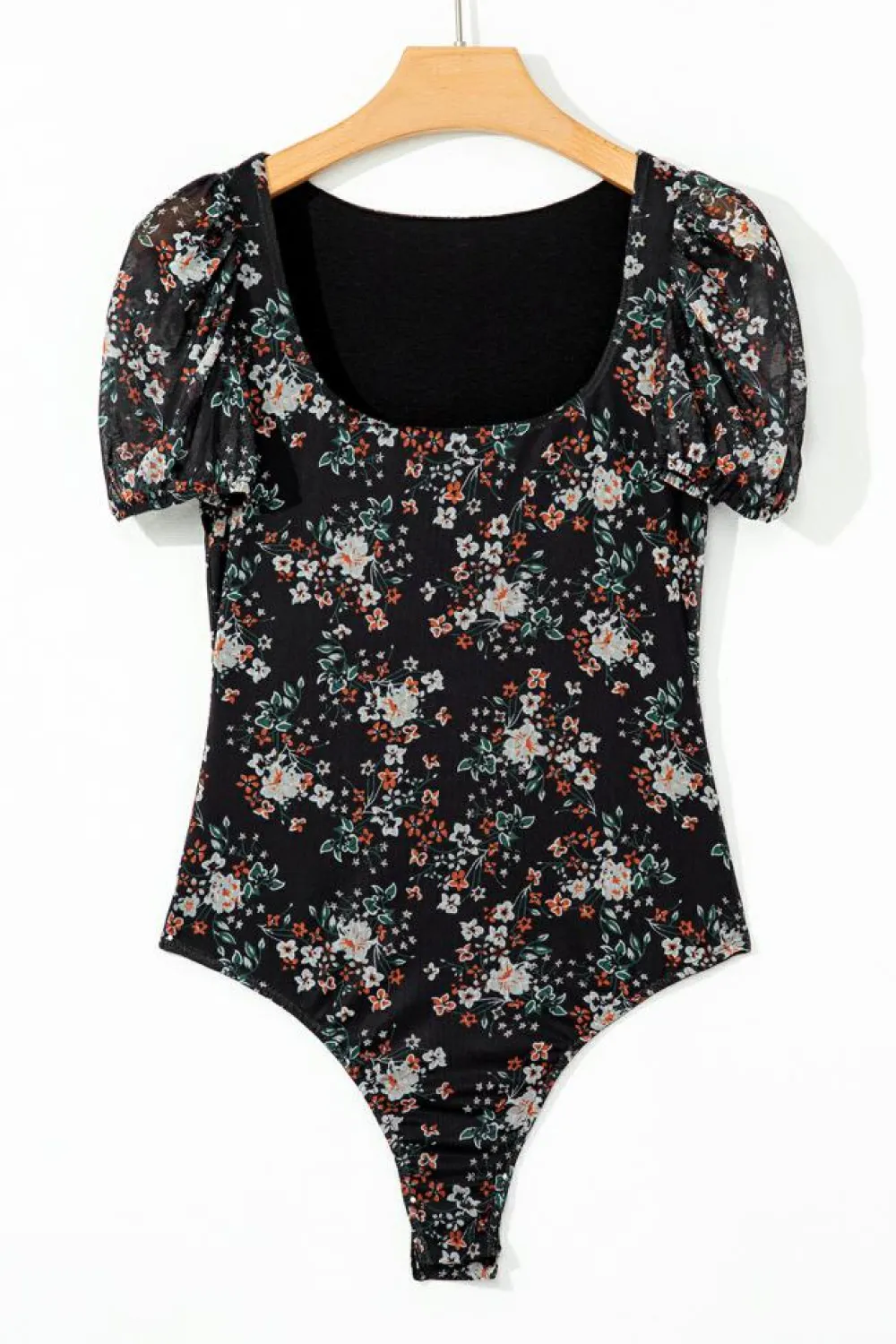 Fashion Dear-Lover Floral Print U Neck Short Puff Sleeve Bodysuit Black