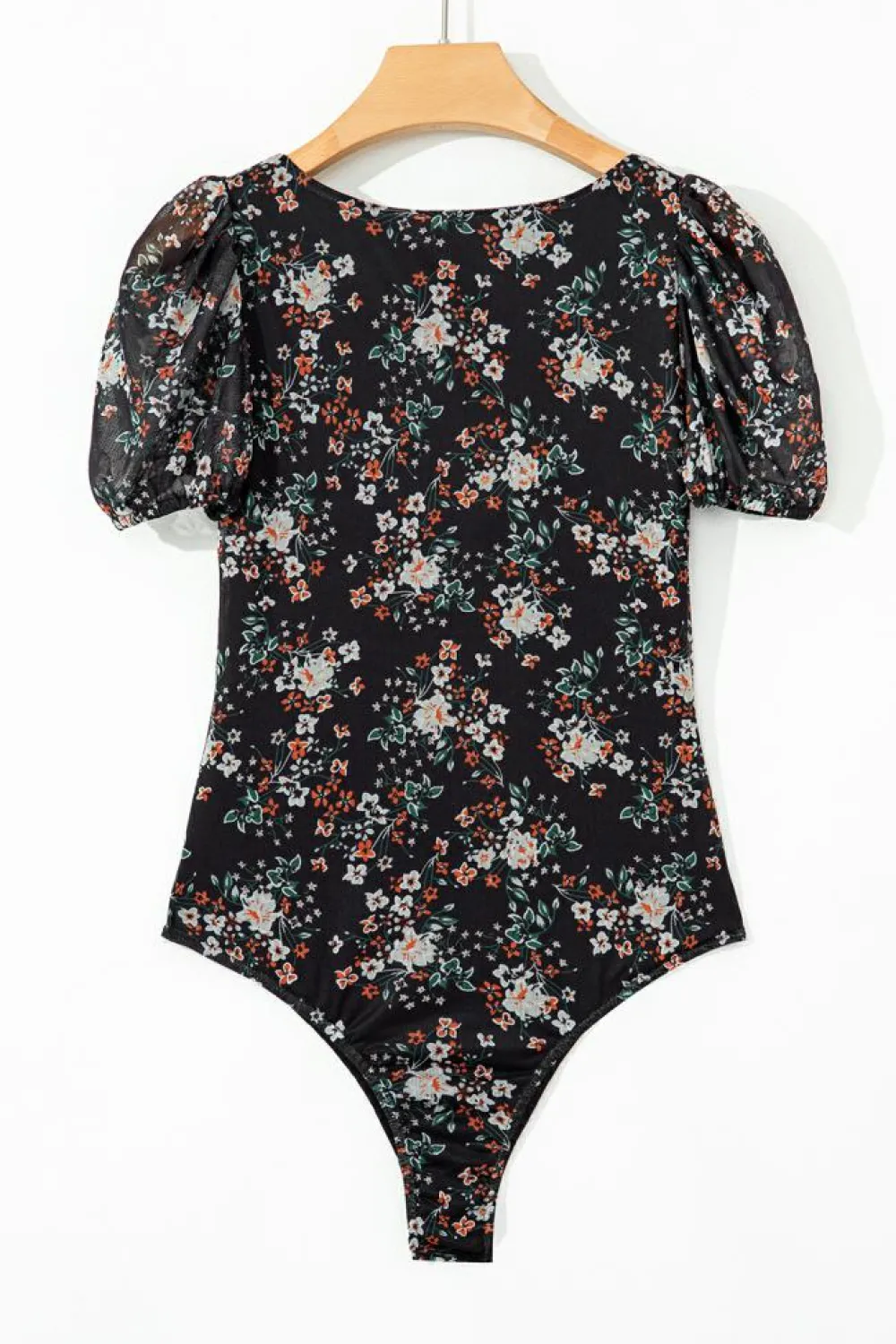 Fashion Dear-Lover Floral Print U Neck Short Puff Sleeve Bodysuit Black