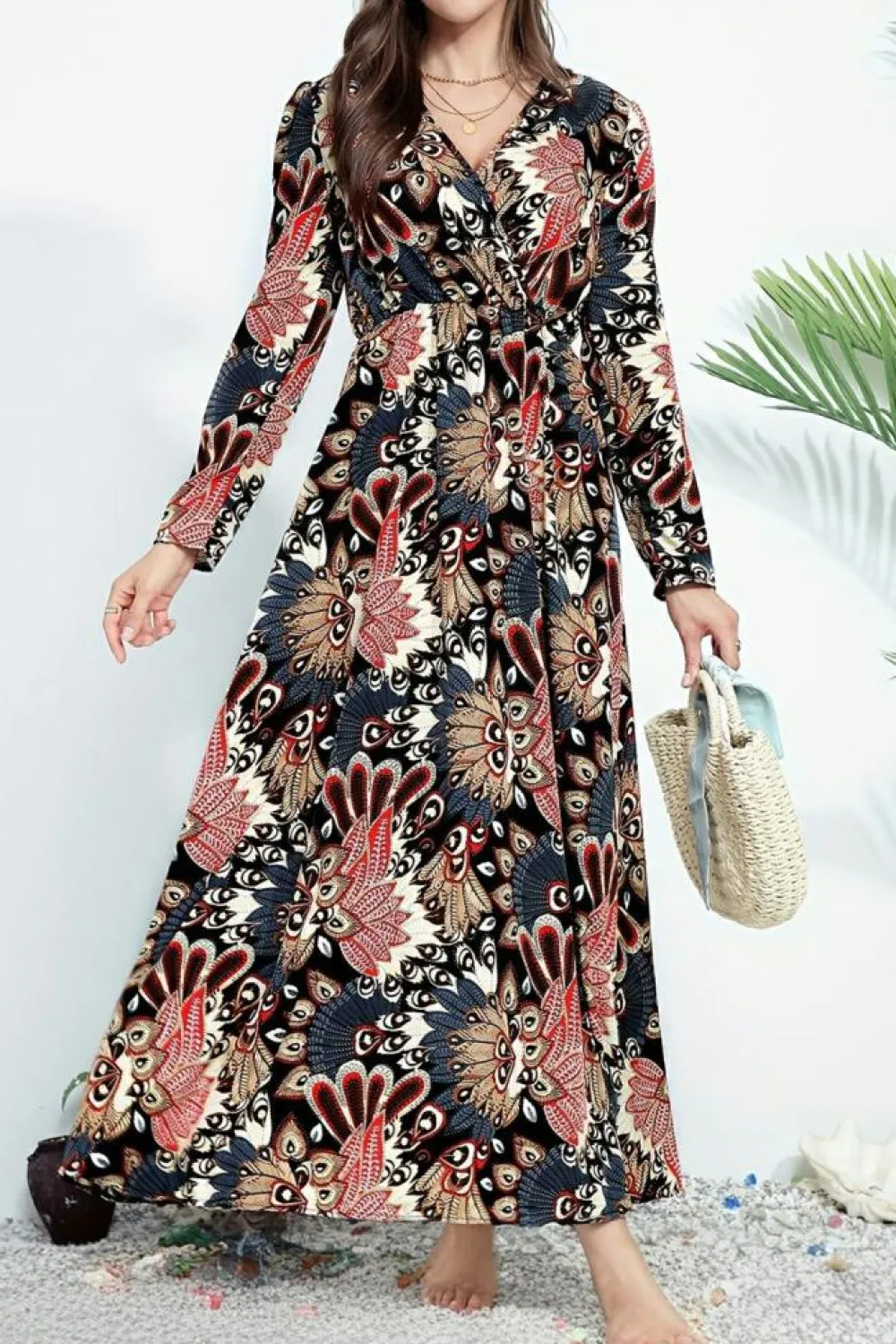 New Dear-Lover Floral Print V Neck Wrap High Waist Maxi Dress Black