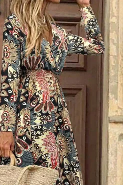 New Dear-Lover Floral Print V Neck Wrap High Waist Maxi Dress Black
