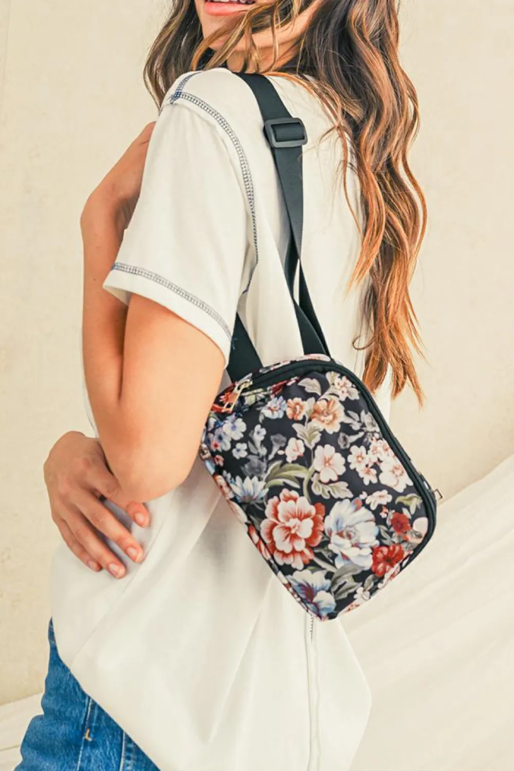 Hot Dear-Lover Floral Print Zipper Wide Strap Sling Bag Black