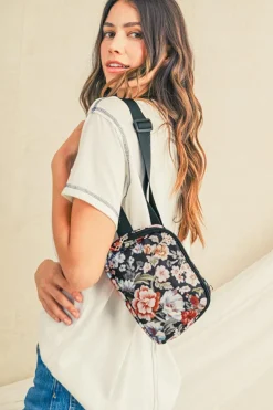 Hot Dear-Lover Floral Print Zipper Wide Strap Sling Bag Black