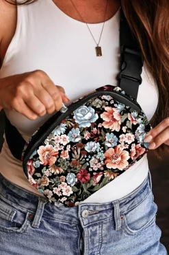 Hot Dear-Lover Floral Print Zipper Wide Strap Sling Bag Black
