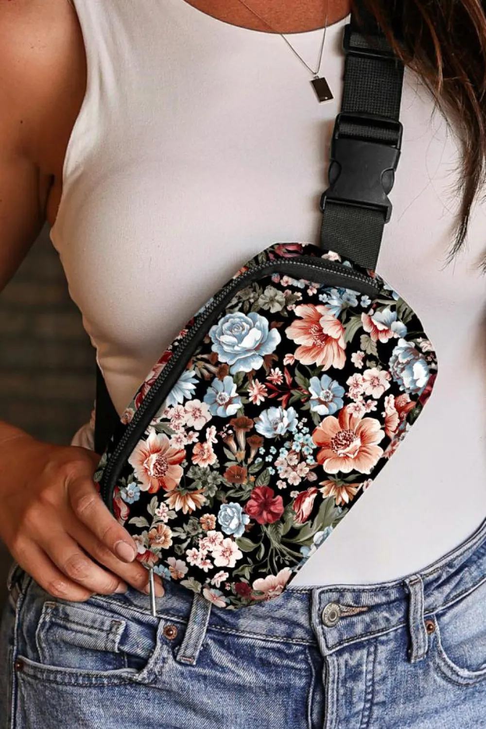 Hot Dear-Lover Floral Print Zipper Wide Strap Sling Bag Black