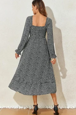 Discount Dear-Lover Floral Printed Long Sleeve Square Neck Midi Dress Black