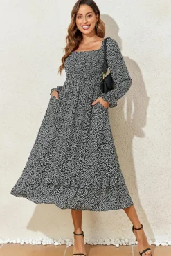 Discount Dear-Lover Floral Printed Long Sleeve Square Neck Midi Dress Black