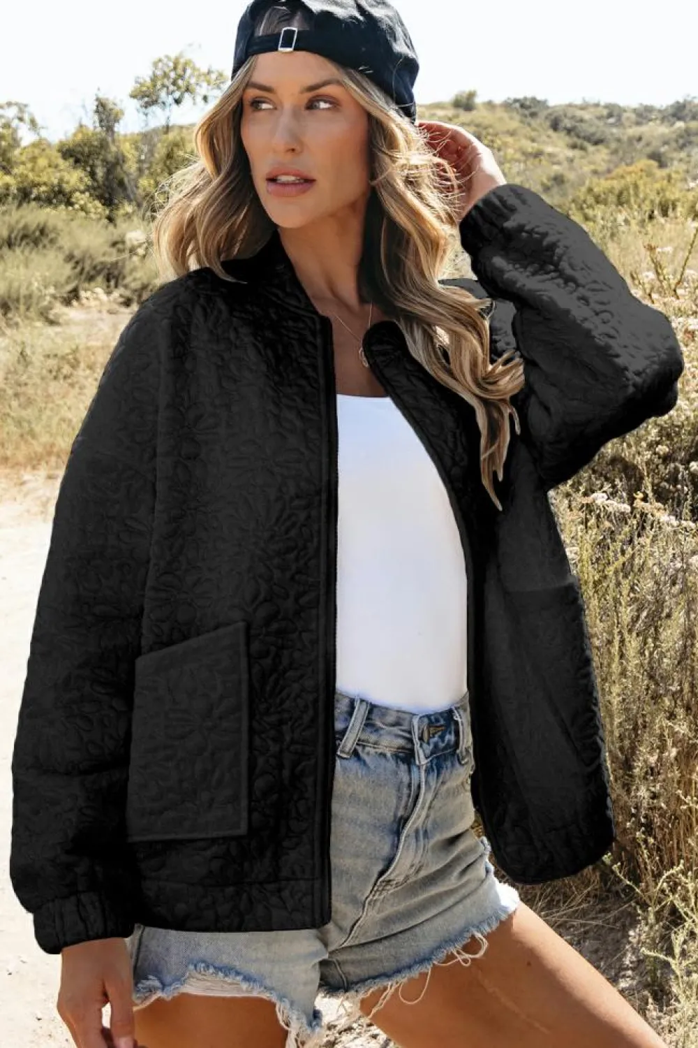 Sale Dear-Lover Floral Quilted Jacket Black