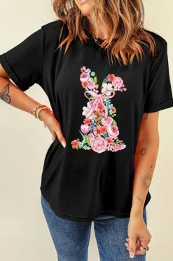 Online Dear-Lover Floral Rabbit Graphic Easter Fashion Tee Black