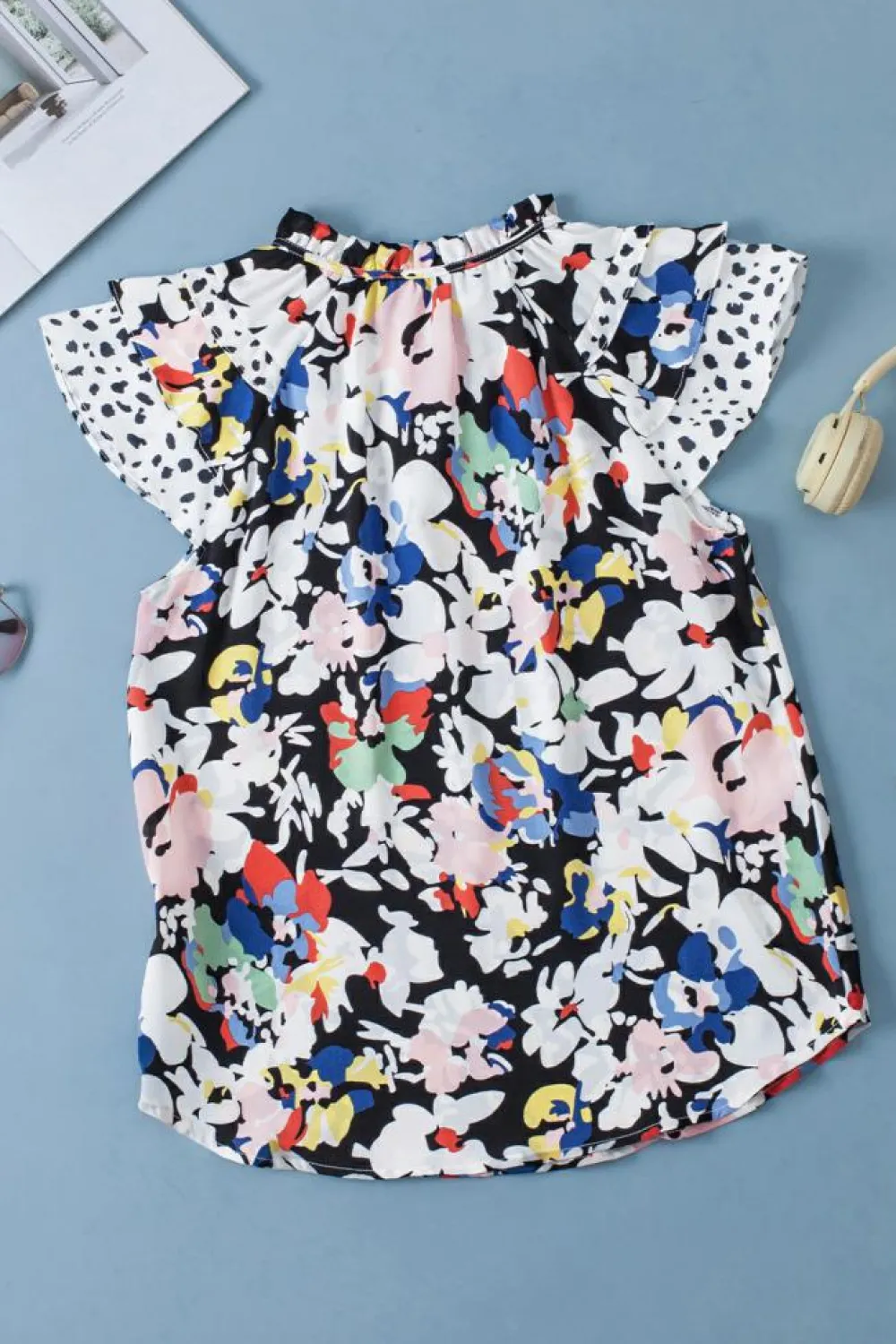 Best Dear-Lover Floral Ruffled Flutter Sleeve Tied V Neck Blouse Black