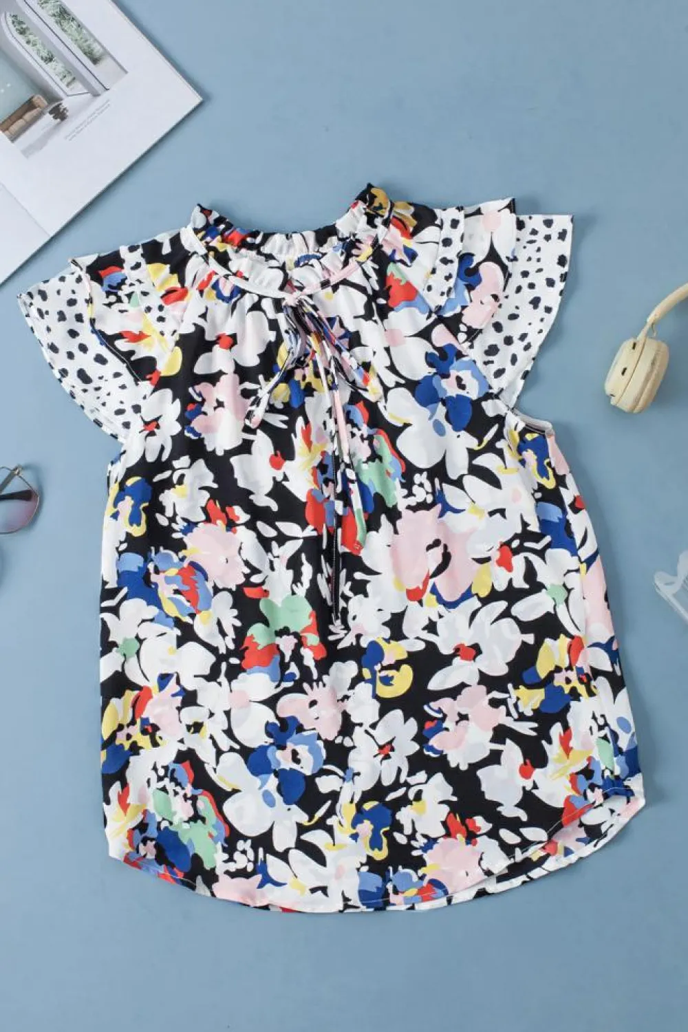 Best Dear-Lover Floral Ruffled Flutter Sleeve Tied V Neck Blouse Black