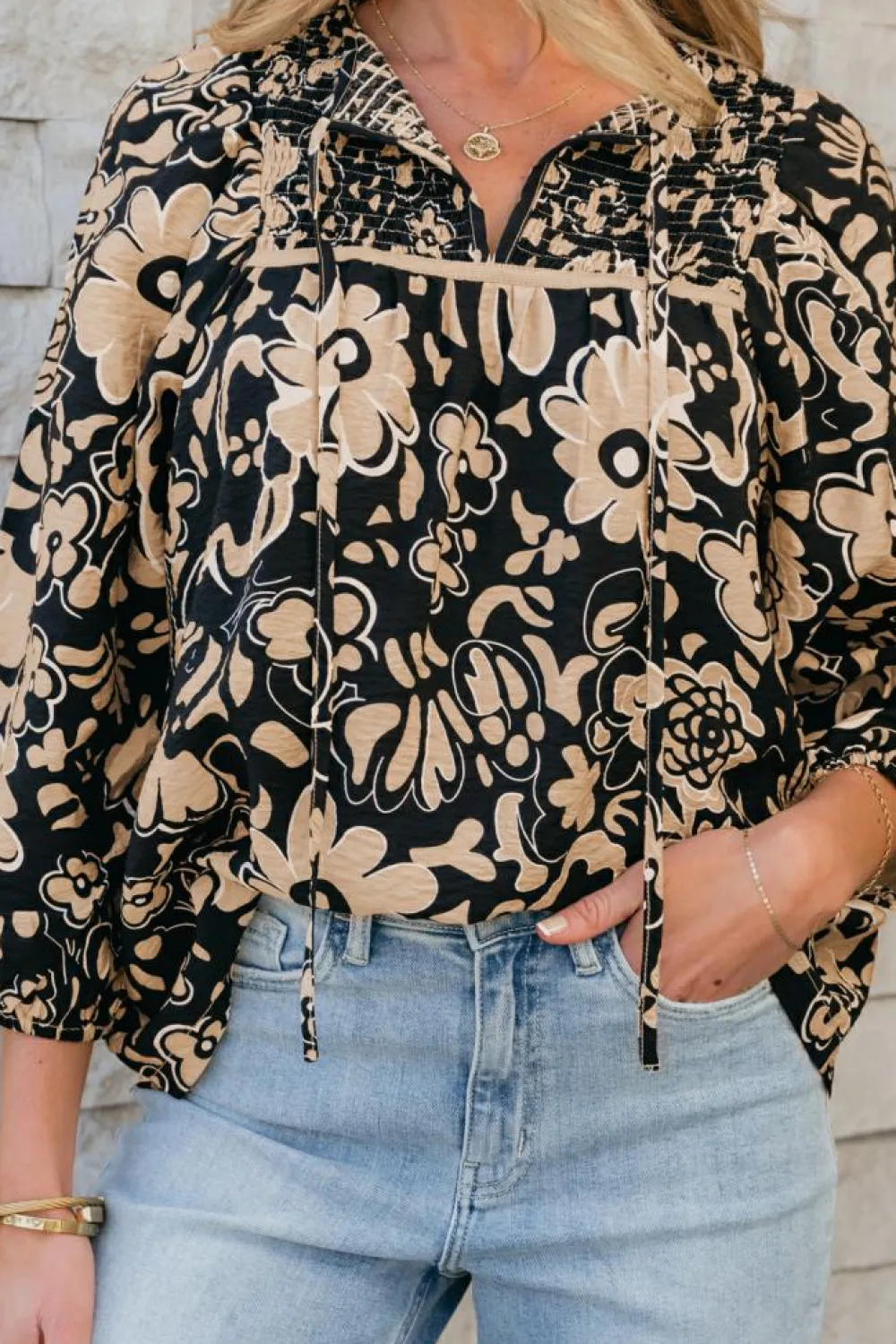 Hot Dear-Lover Floral Shirred Yoke Bracelet Sleeve Split Neck Boho Blouse Black